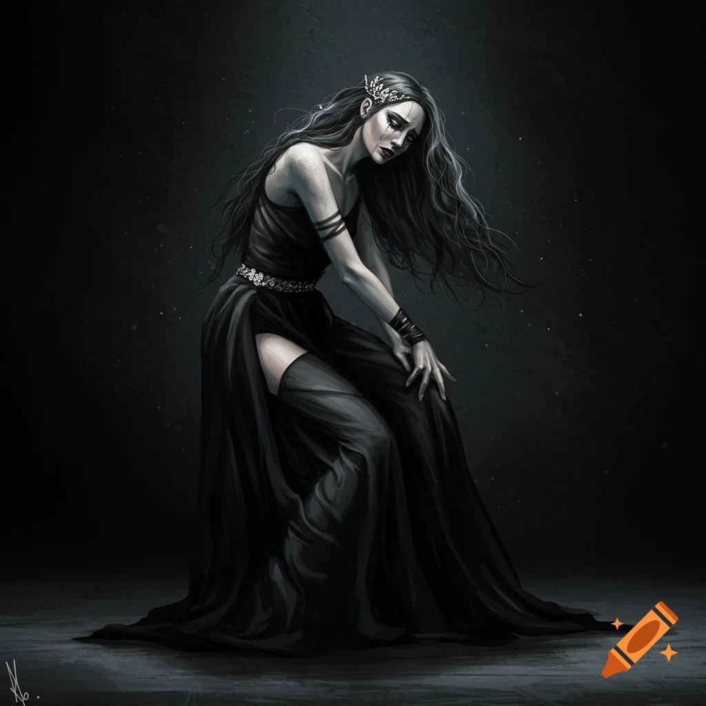 Dark, emotional woman in a flowing black dress.