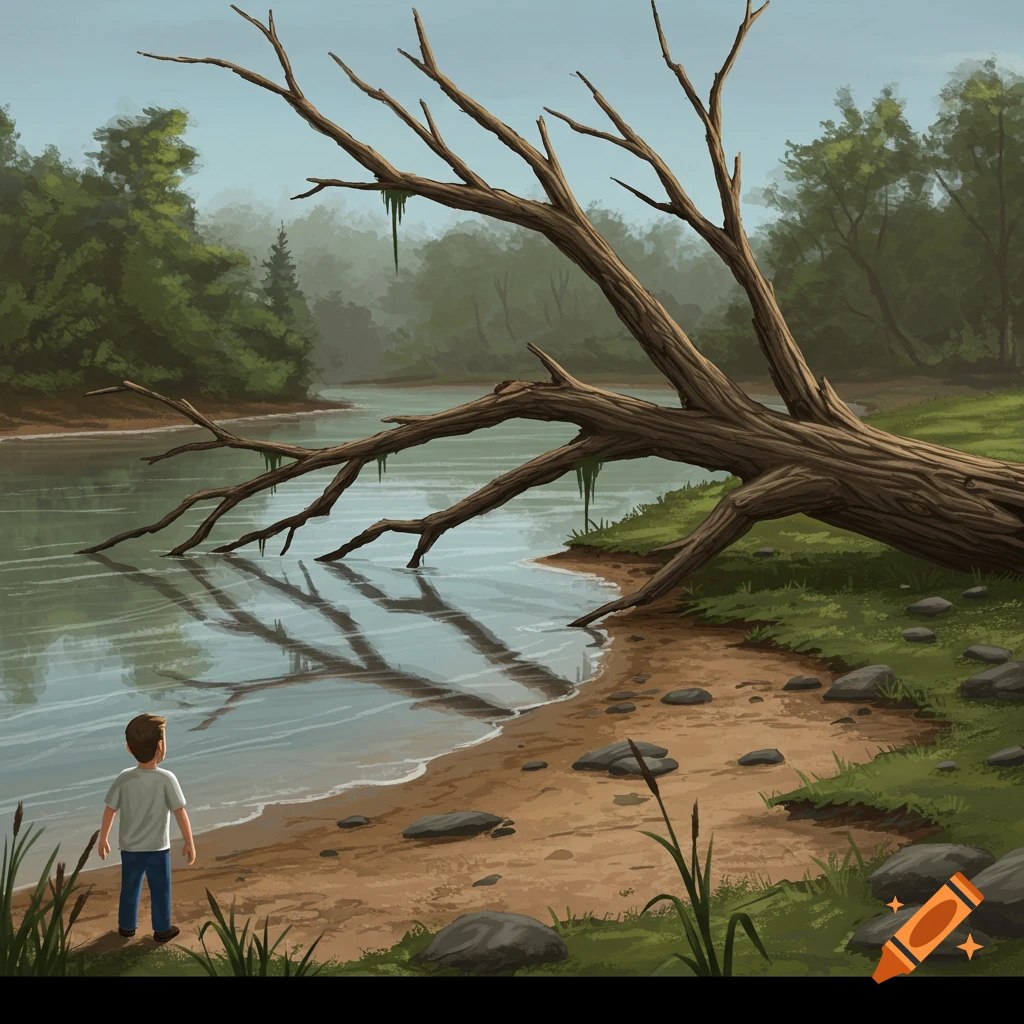 A boy stands by a riverbank, looking at a large fallen tree trunk with branches reaching into the water.