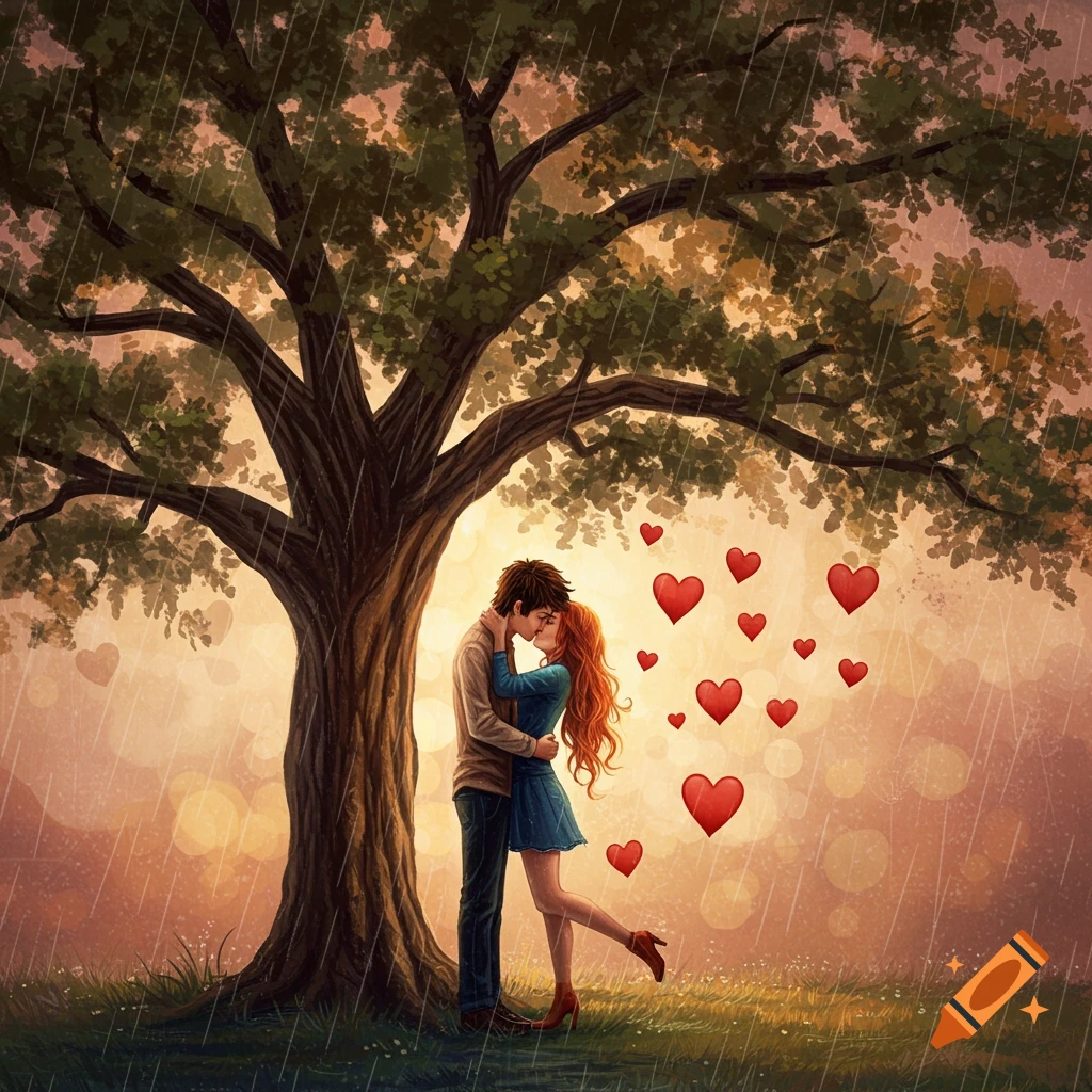 A couple is kissing under a tree in the rain with floating hearts.