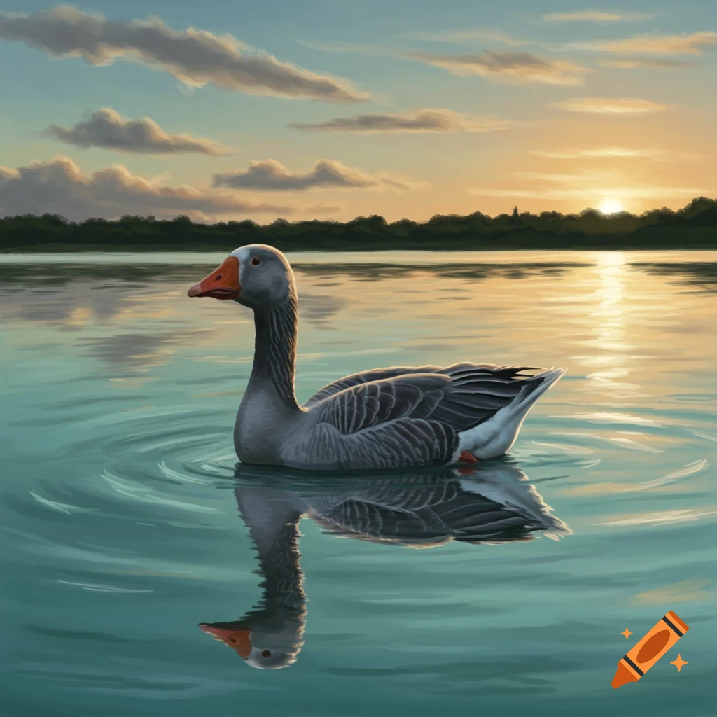 A gray goose swims in a lake at sunset.