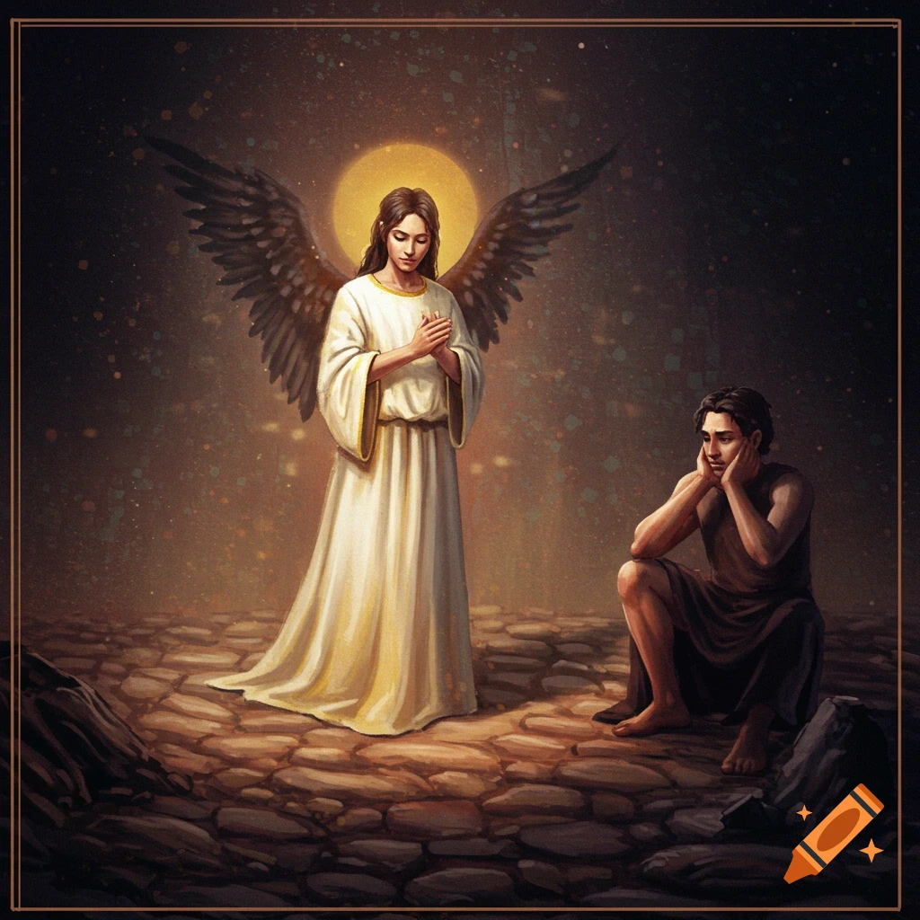 An angel standing over a kneeling man in a dark, atmospheric setting.