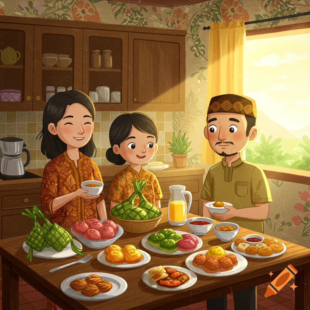 A family eating a meal around a table full of food, including ketupat.