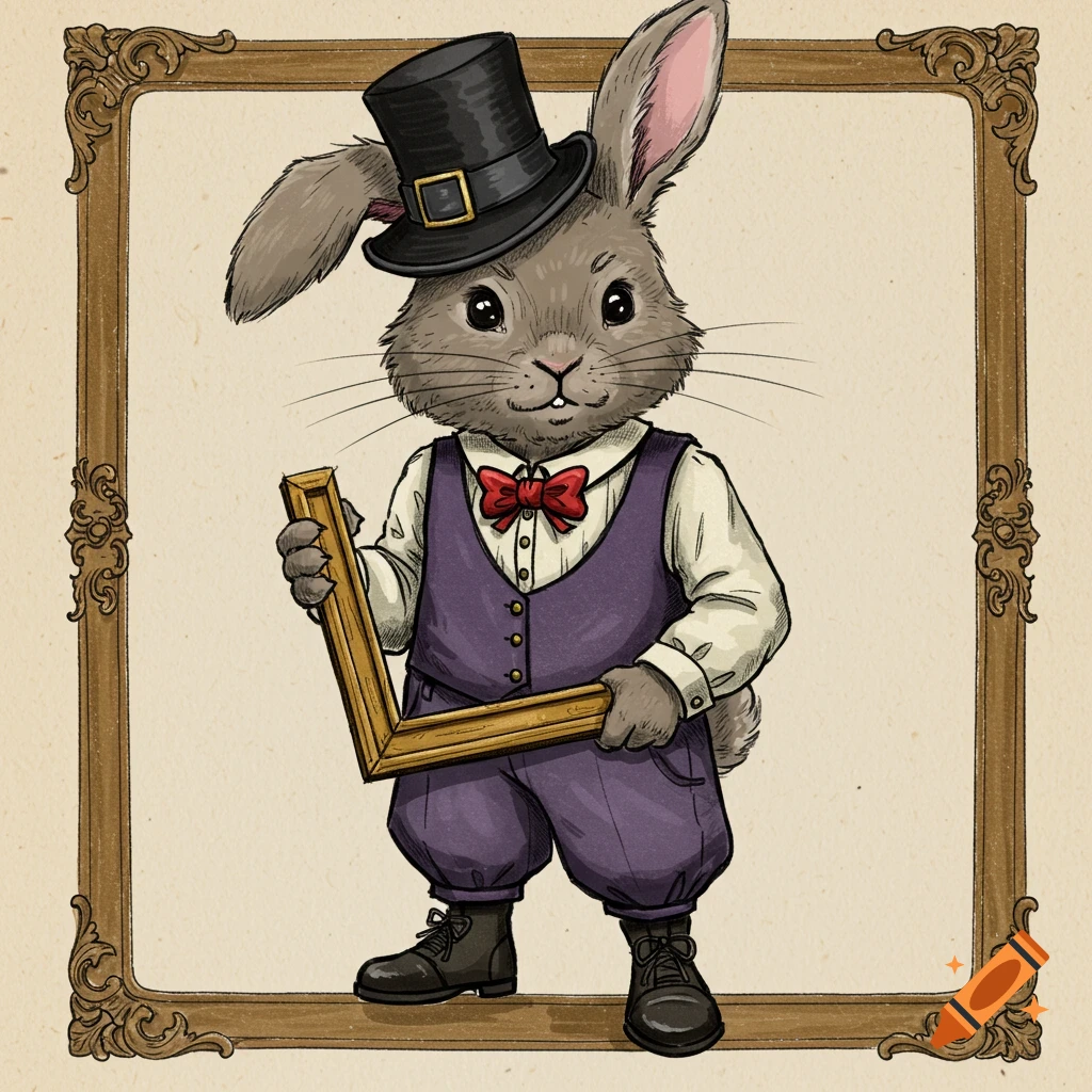 An illustration of a rabbit wearing a top hat, purple vest, and red bow tie, holding a gold picture frame.