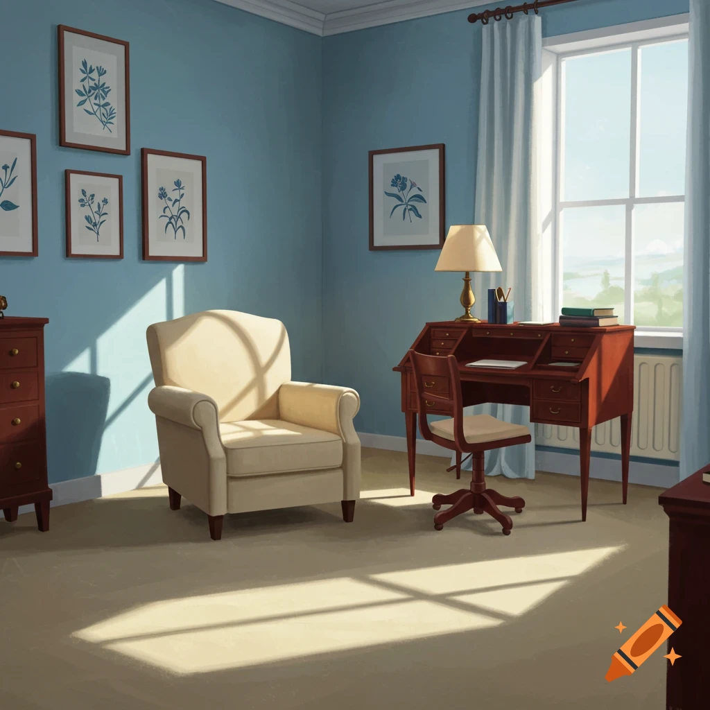 A sunny room with an armchair, desk, and window.