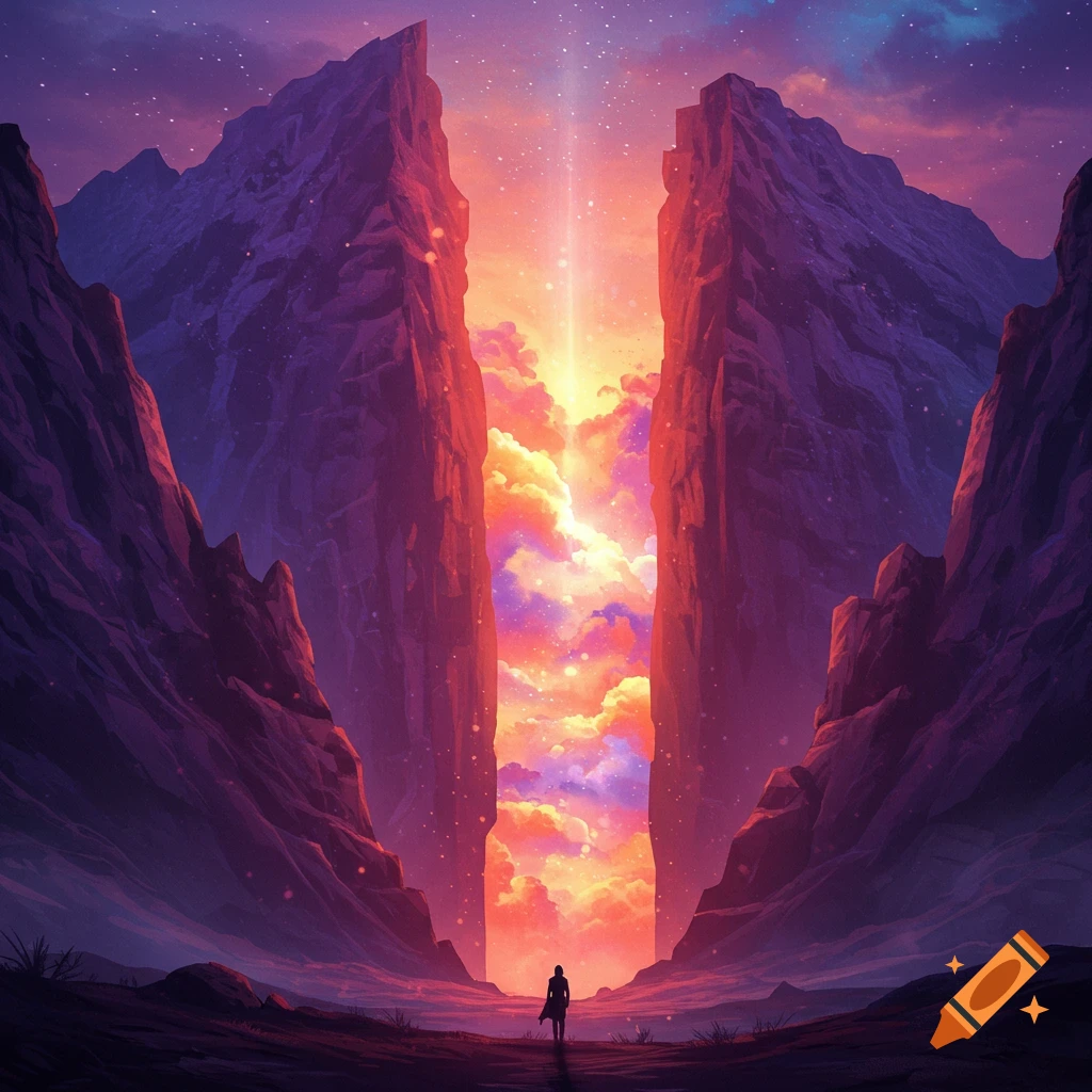 Figure in a canyon at sunset, looking at a light ray between mountains.