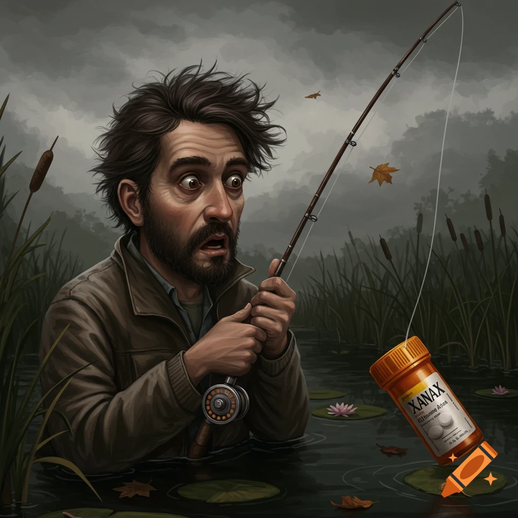 A man fishing in a swamp and catching a Xanax bottle.