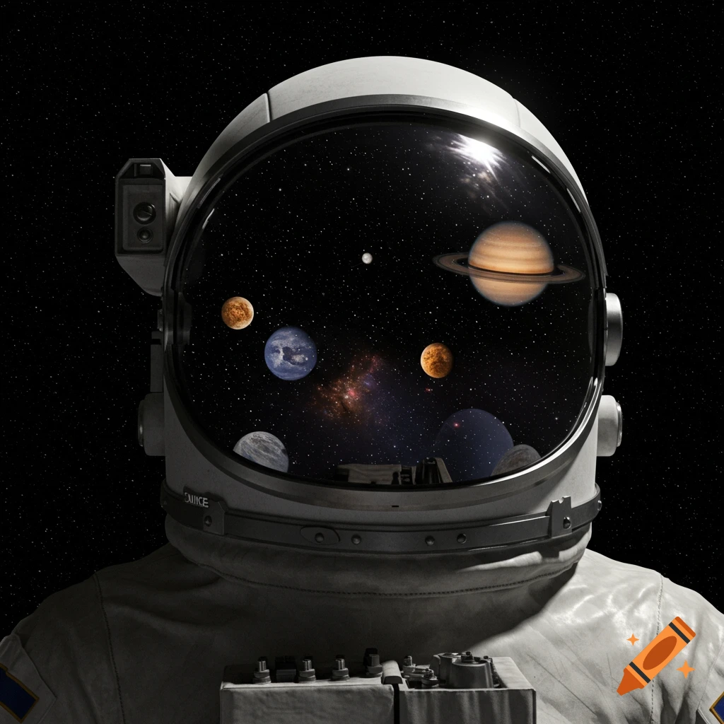 Close-up of an astronaut helmet reflecting planets and stars in space.