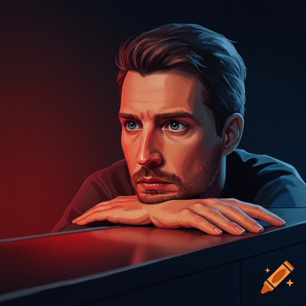 A man leans on a surface, illuminated by contrasting red and blue light.