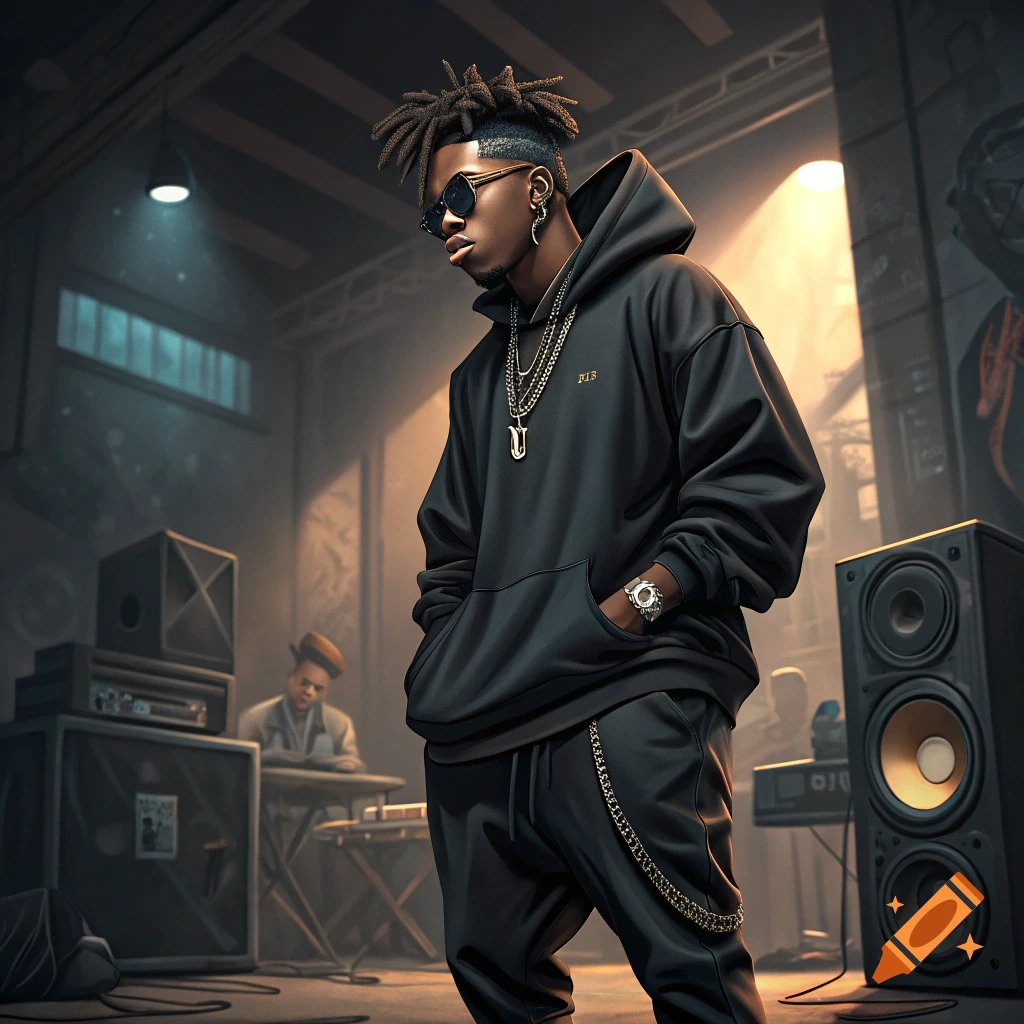 A stylish person with dreadlocks, sunglasses, black hoodie, and chains in a studio with speakers.