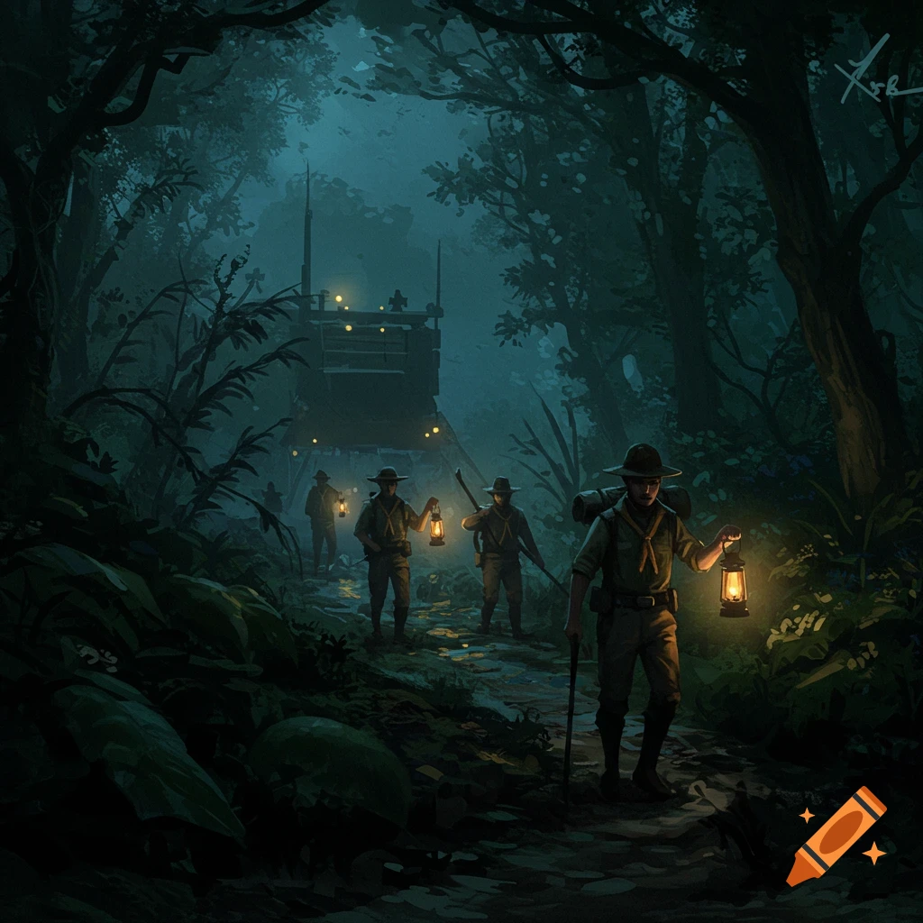 Scouts with lanterns are hiking through a dark forest towards a lit structure.