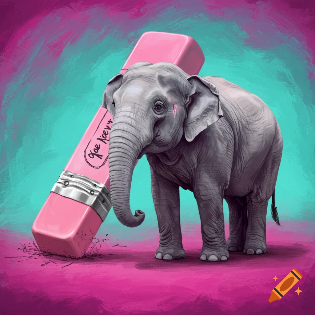 An elephant with a large pink eraser for a trunk on pink ground with a teal background.