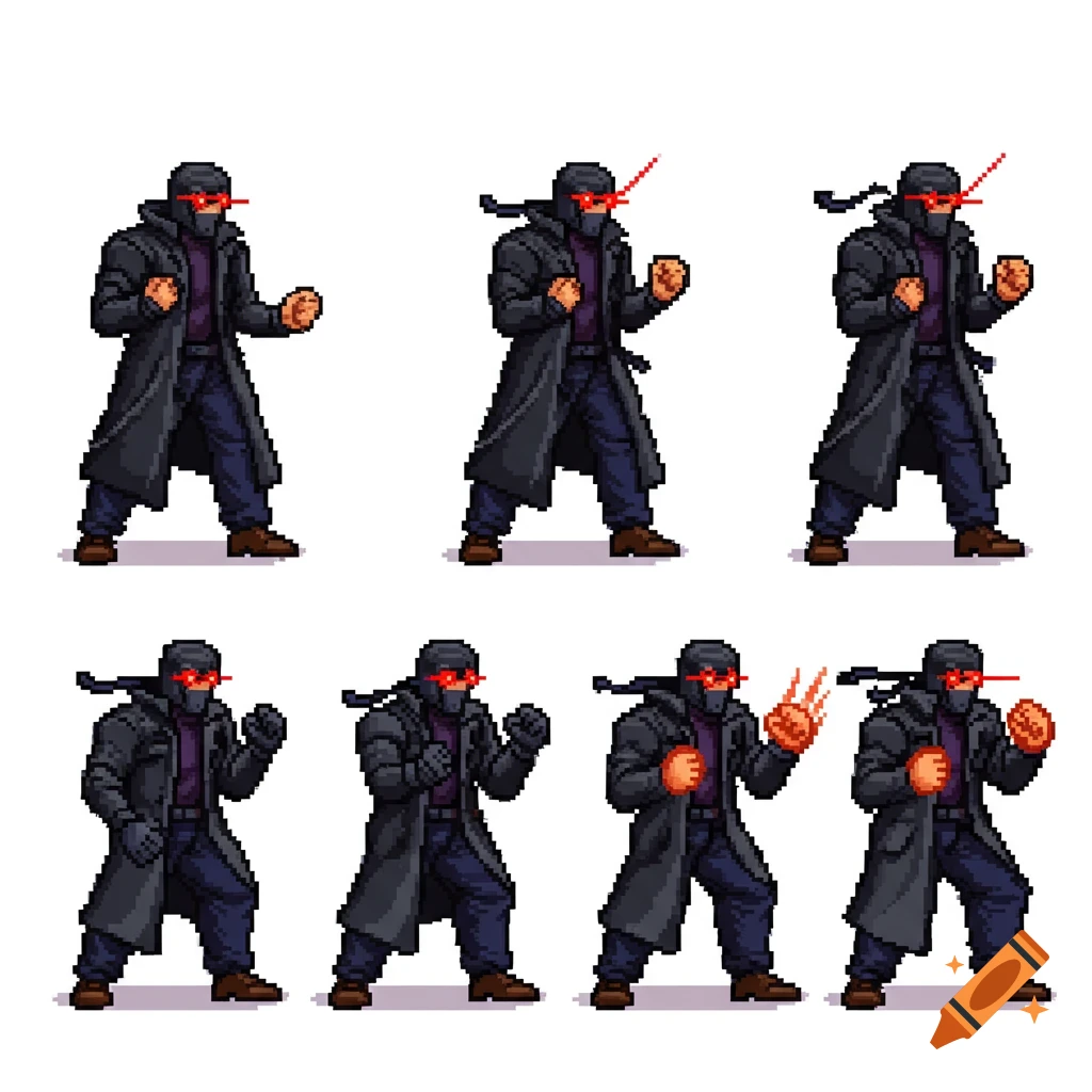 Pixel art sprite sheet of a cyberpunk character with red eyes in a trench coat.