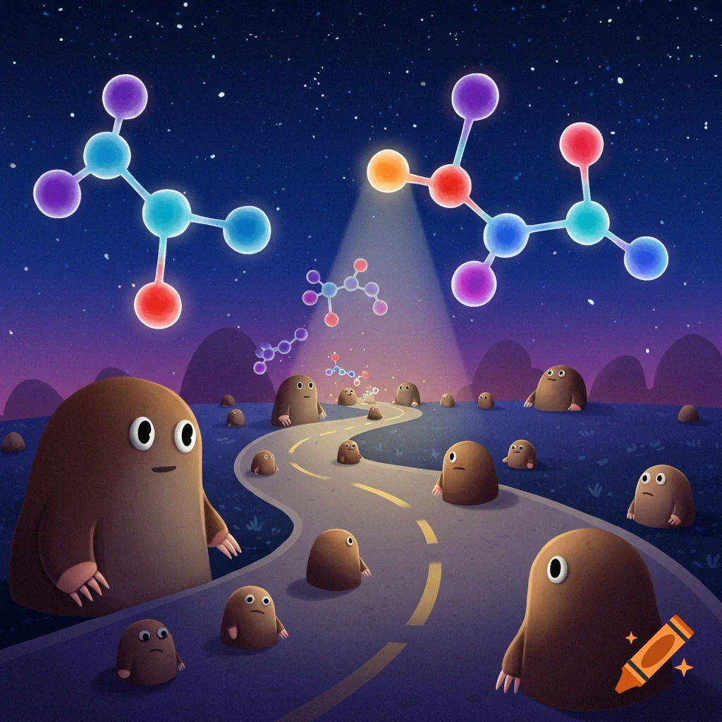 A digital illustration of cute, anthropomorphic moles on a road under a starry sky with glowing molecular structures.