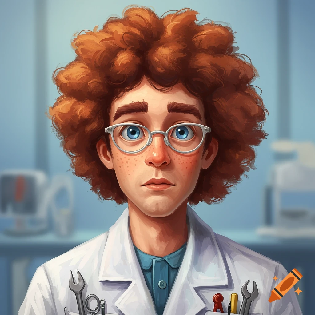 A person with curly red hair, freckles, and glasses, wearing a lab coat.