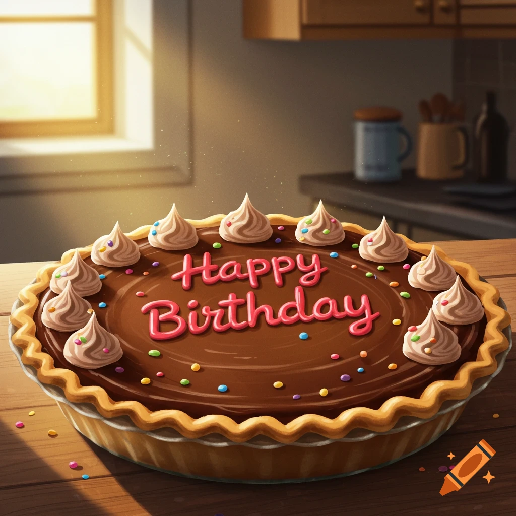 A chocolate pie with 'Happy Birthday' icing, on a wooden table.