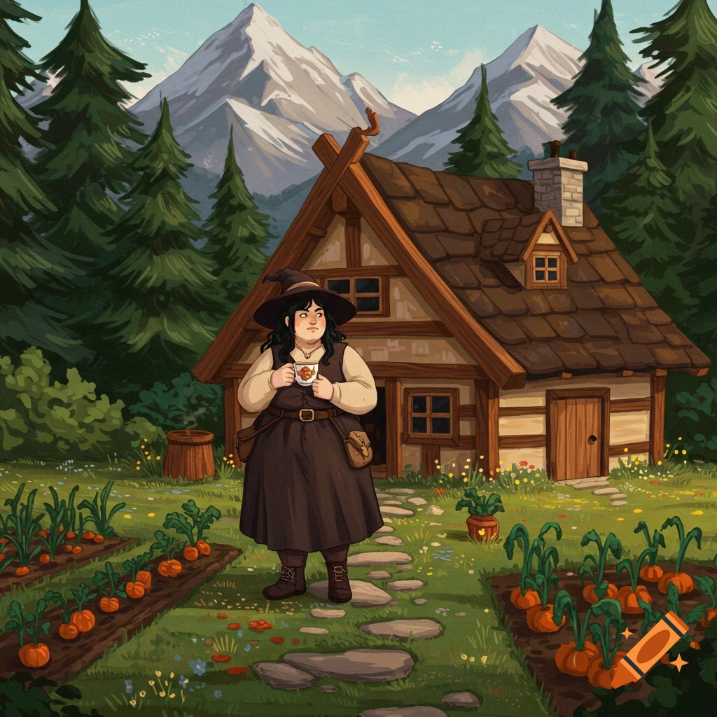 A witch stands in a garden outside a cottage in a forest with mountains behind her, holding a cup.