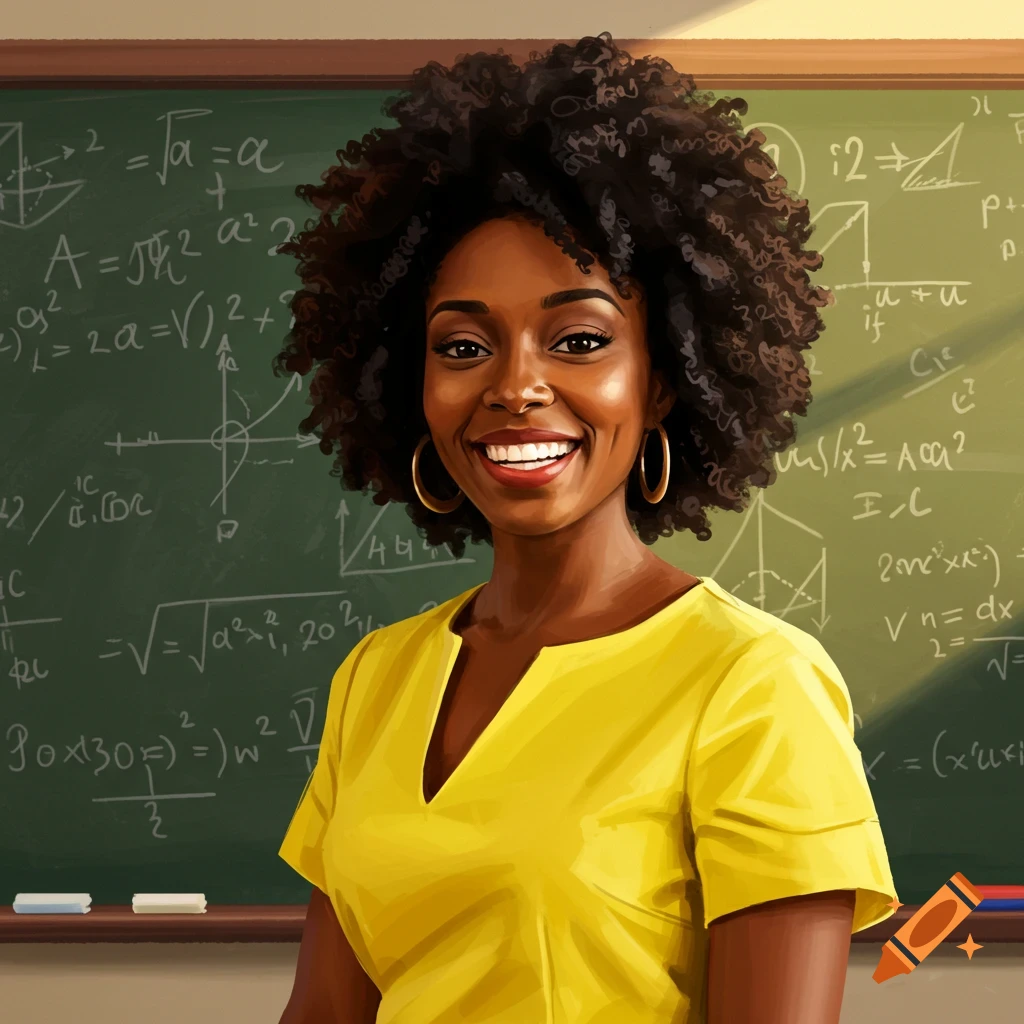 A smiling African American teacher standing in front of a blackboard covered in mathematical equations and diagrams.