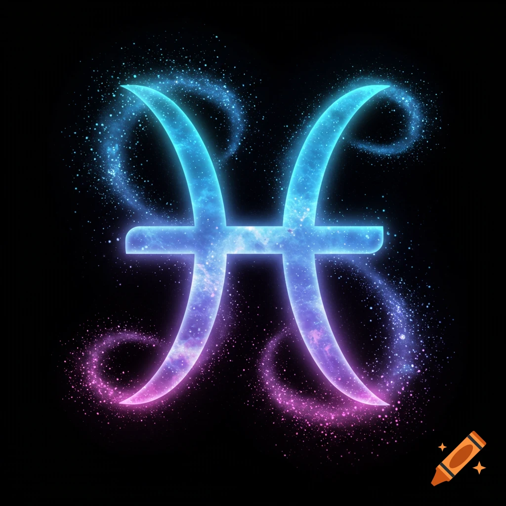 A glowing Pisces zodiac symbol in blue and purple with swirling stars on a black background.