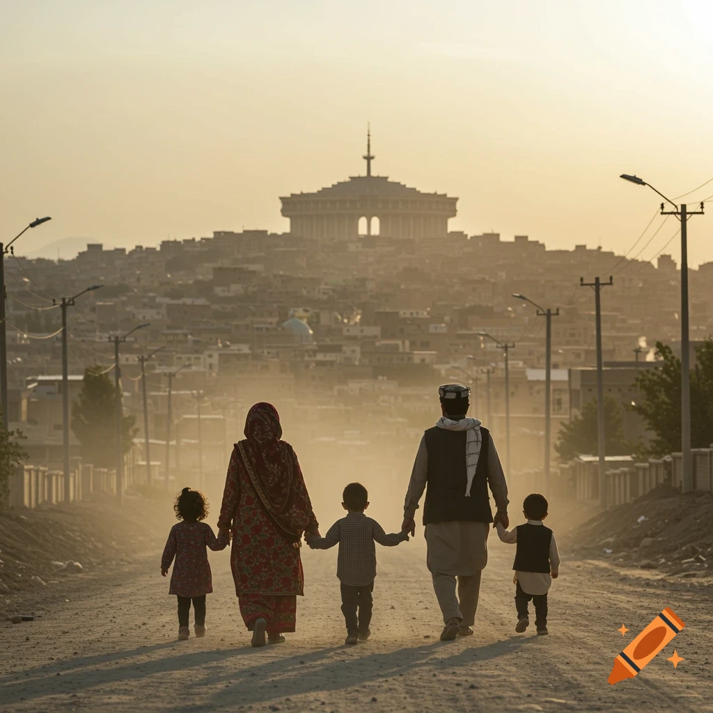 Family walking down dusty road towards a hazy city skyline at sunset