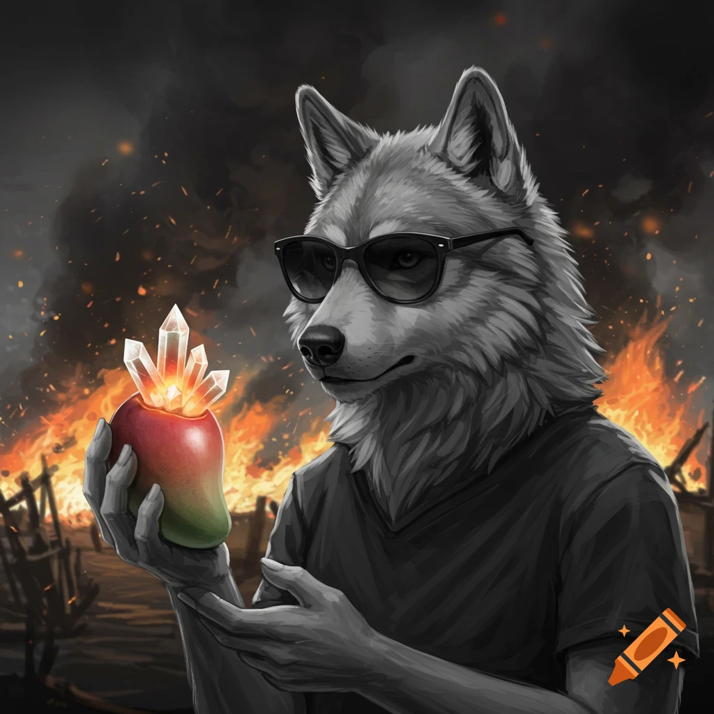 Grayscale wolf in sunglasses holding a glowing crystal mango in front of a burning village.