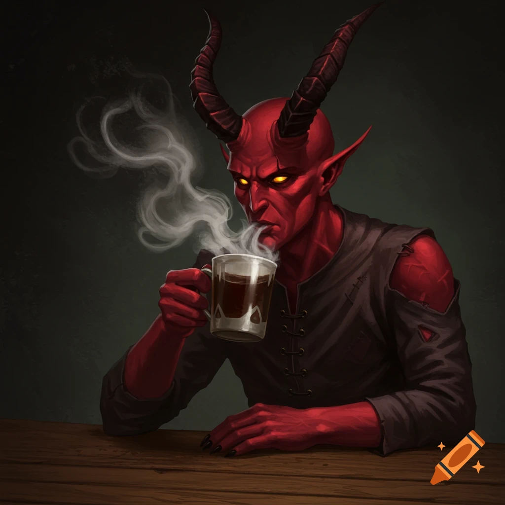 A red demon with horns is drinking from a mug of coffee.