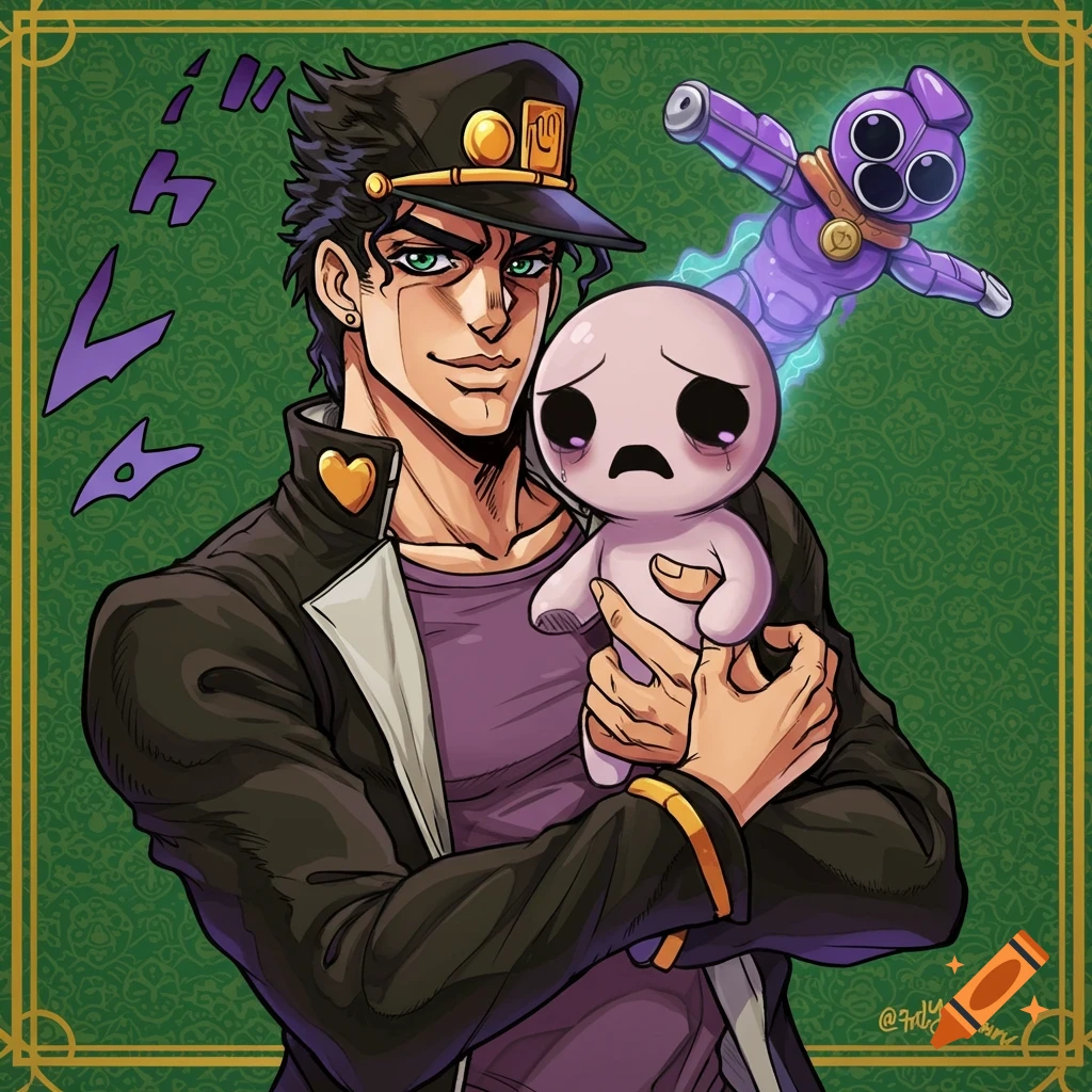 Jotaro Kujo is holding Isaac, with a figure behind them and stylized text, on a patterned green background.