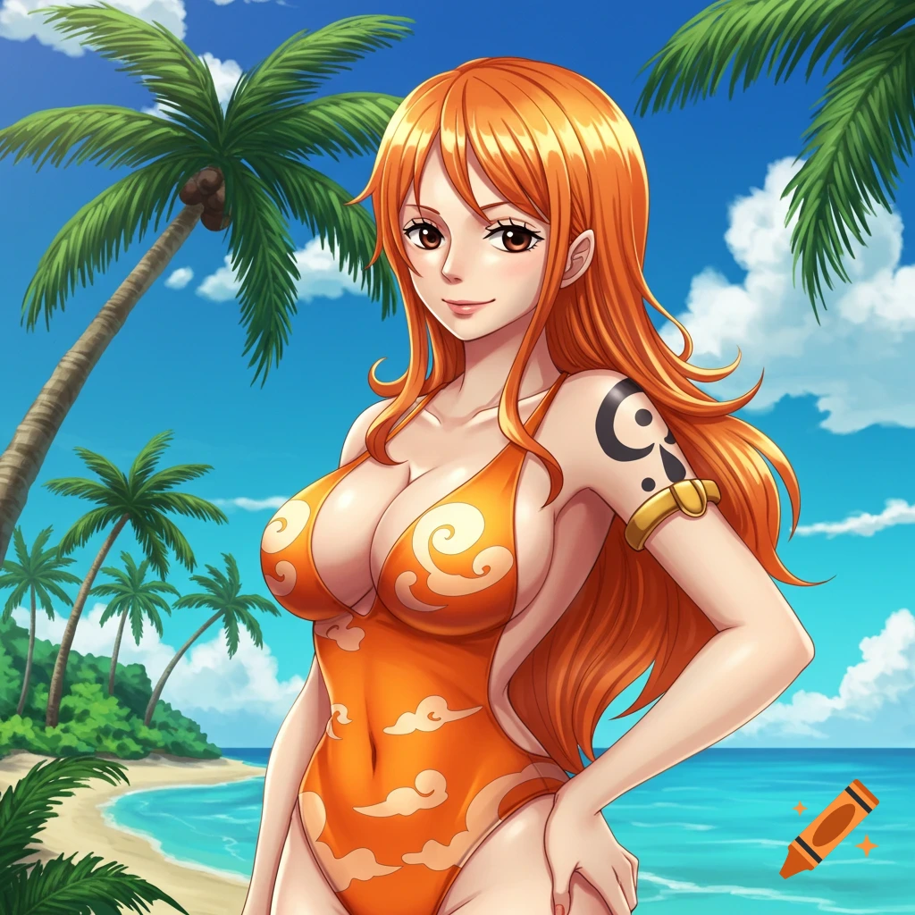 Nami from One Piece in an orange swimsuit on a tropical beach.