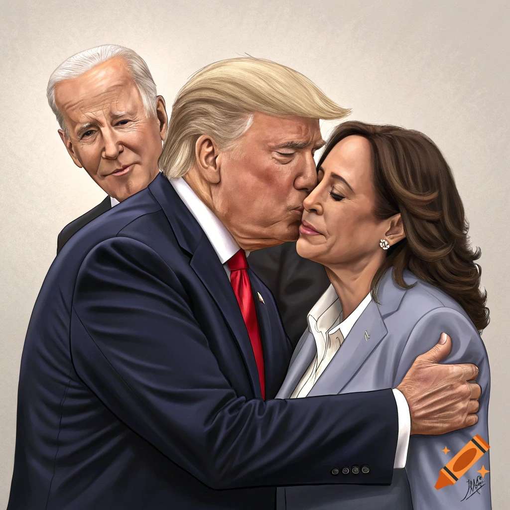 A political caricature shows Donald Trump kissing Kamala Harris while Joe Biden looks on.