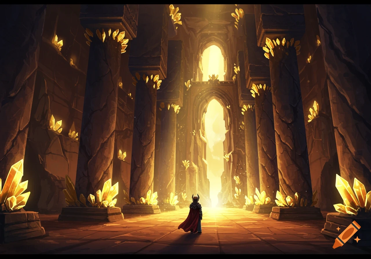 A figure stands in a vast hall with tall pillars and glowing crystals, light streaming from an opening.