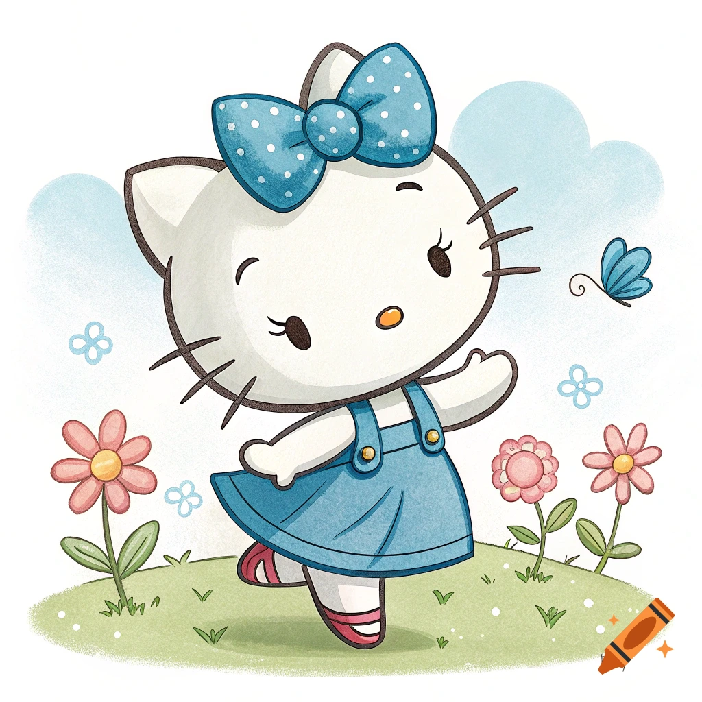 Hello Kitty dances in a field with flowers and a butterfly in a cute illustration style.