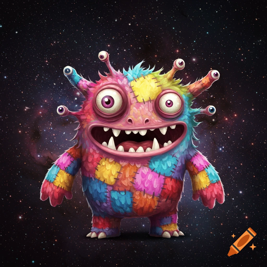 A colorful patchwork monster with many eyes stands in space.