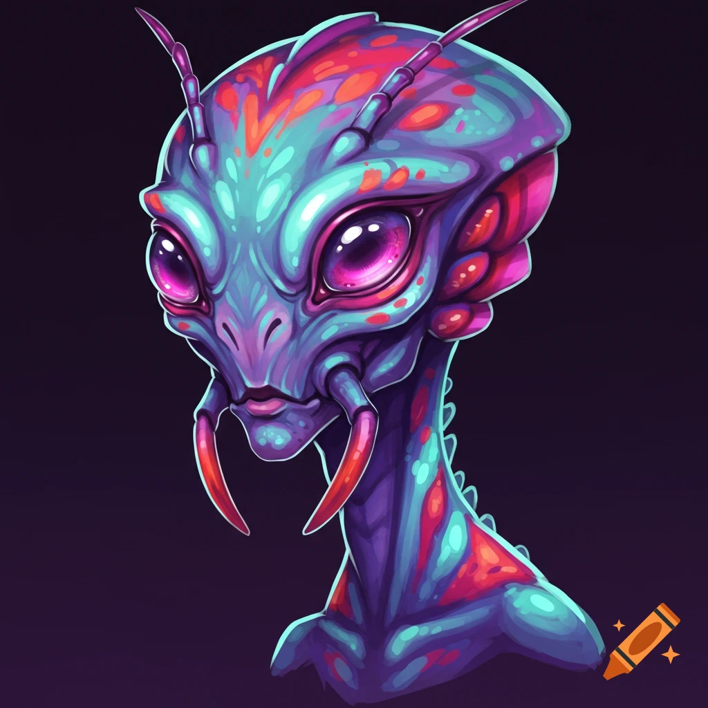 A colorful, stylized portrait of an alien creature.