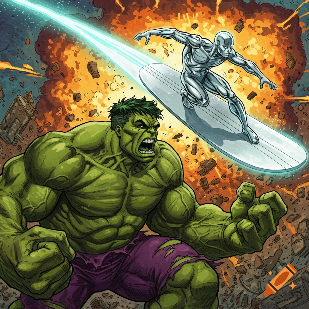 The Incredible Hulk fights the Silver Surfer in a dynamic comic book style battle scene with destruction and explosions.