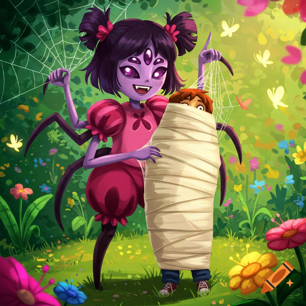 Cartoon of Muffet, a spider-like character, wrapping a person in a web cocoon in a sunny forest.