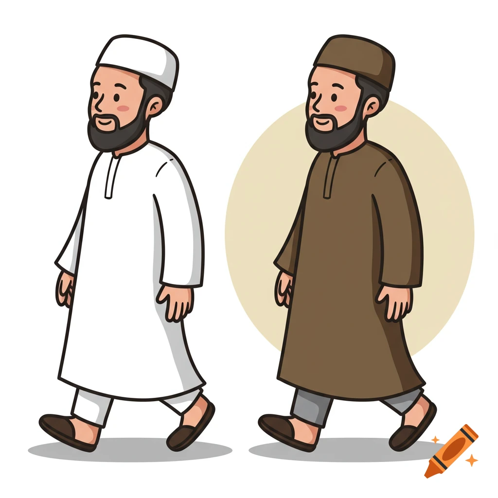 Two cartoon men in traditional Muslim clothing walking.