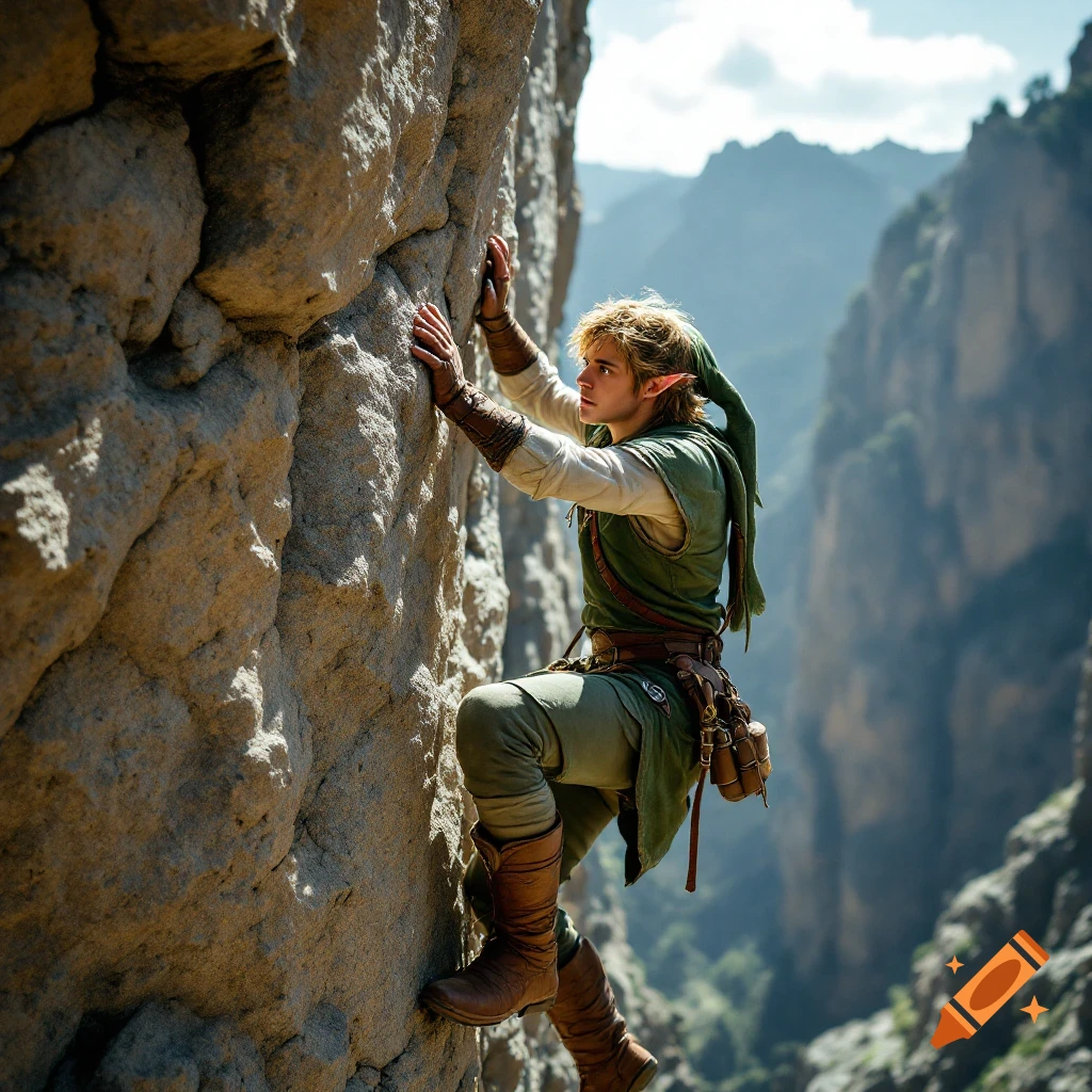 A cinematic photo of a fantasy character resembling Link rock climbing a large cliff face in a canyon.