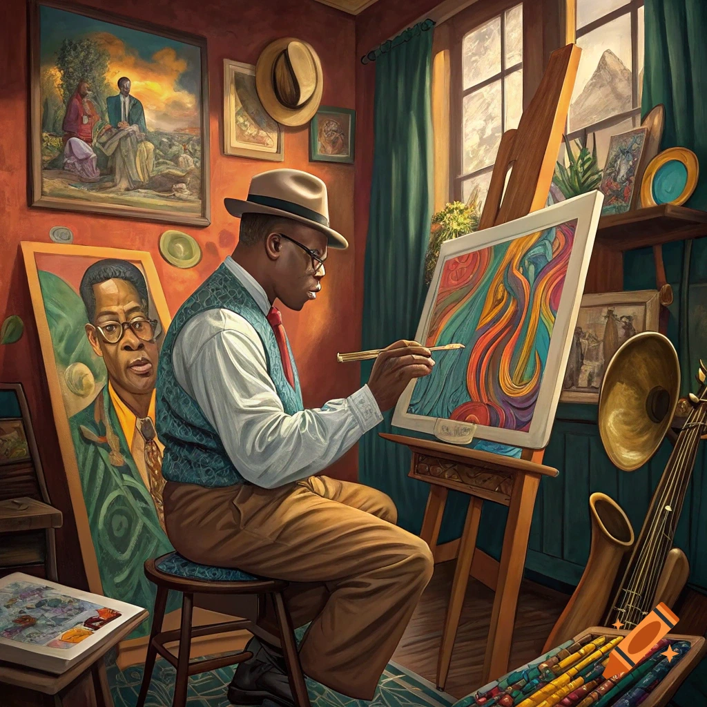 An artist sits in a studio painting a colorful abstract artwork on an easel, surrounded by other framed paintings and objects.