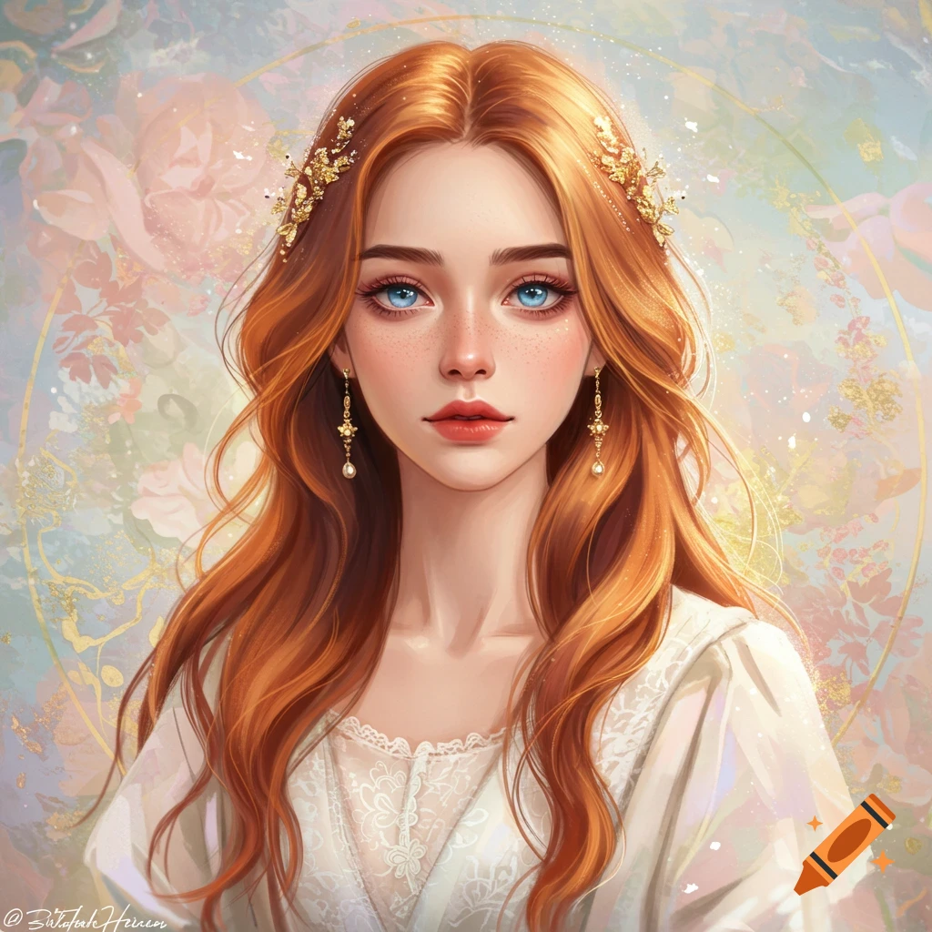 A young woman with red hair, blue eyes, and freckles is wearing a white dress and gold jewelry, against a floral background.