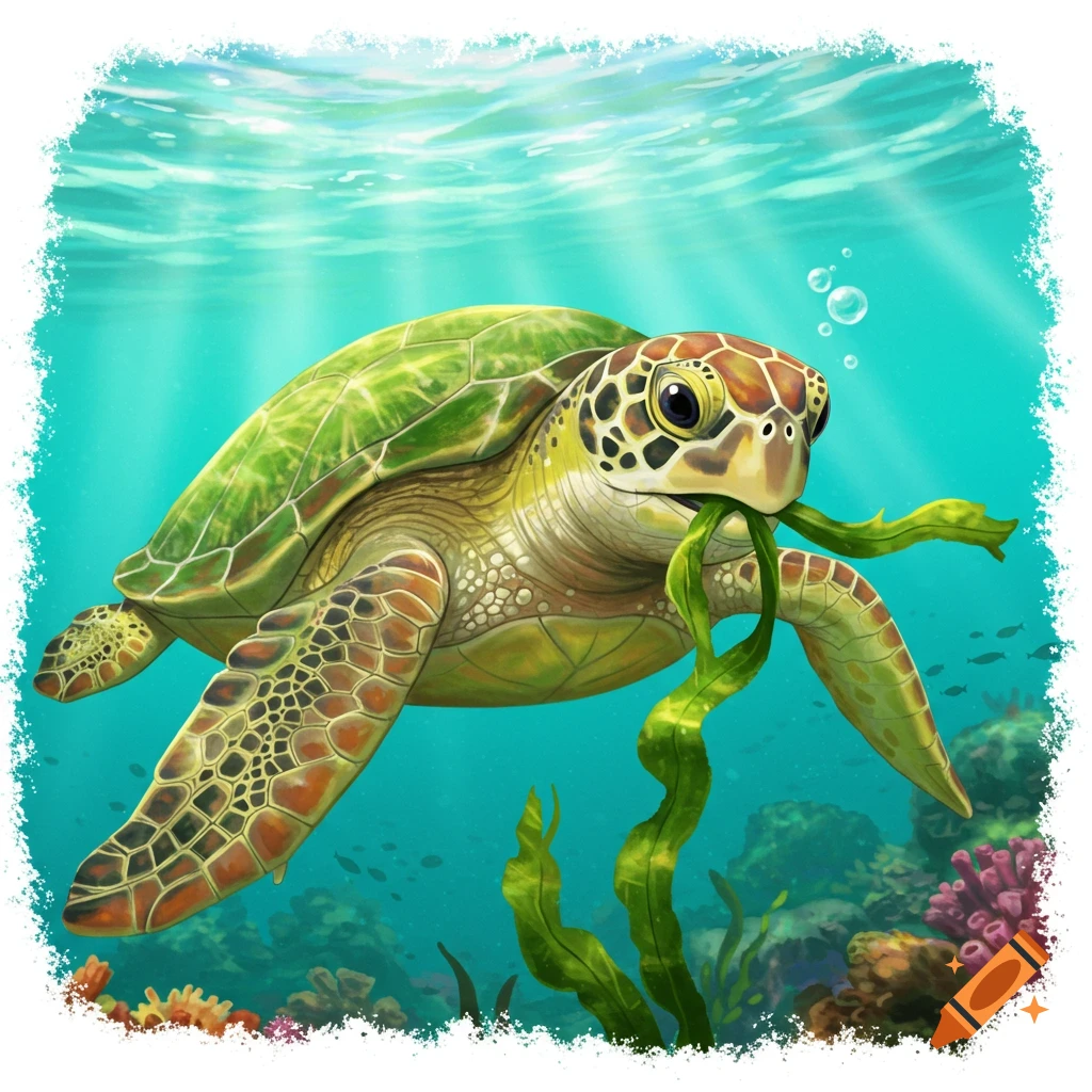 A sea turtle eating seaweed underwater with sunrays filtering through the surface.