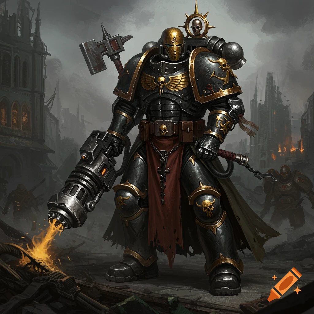 A space marine in black and gold armor with a heavy flamer stands in a ruined city, fantasy art style.