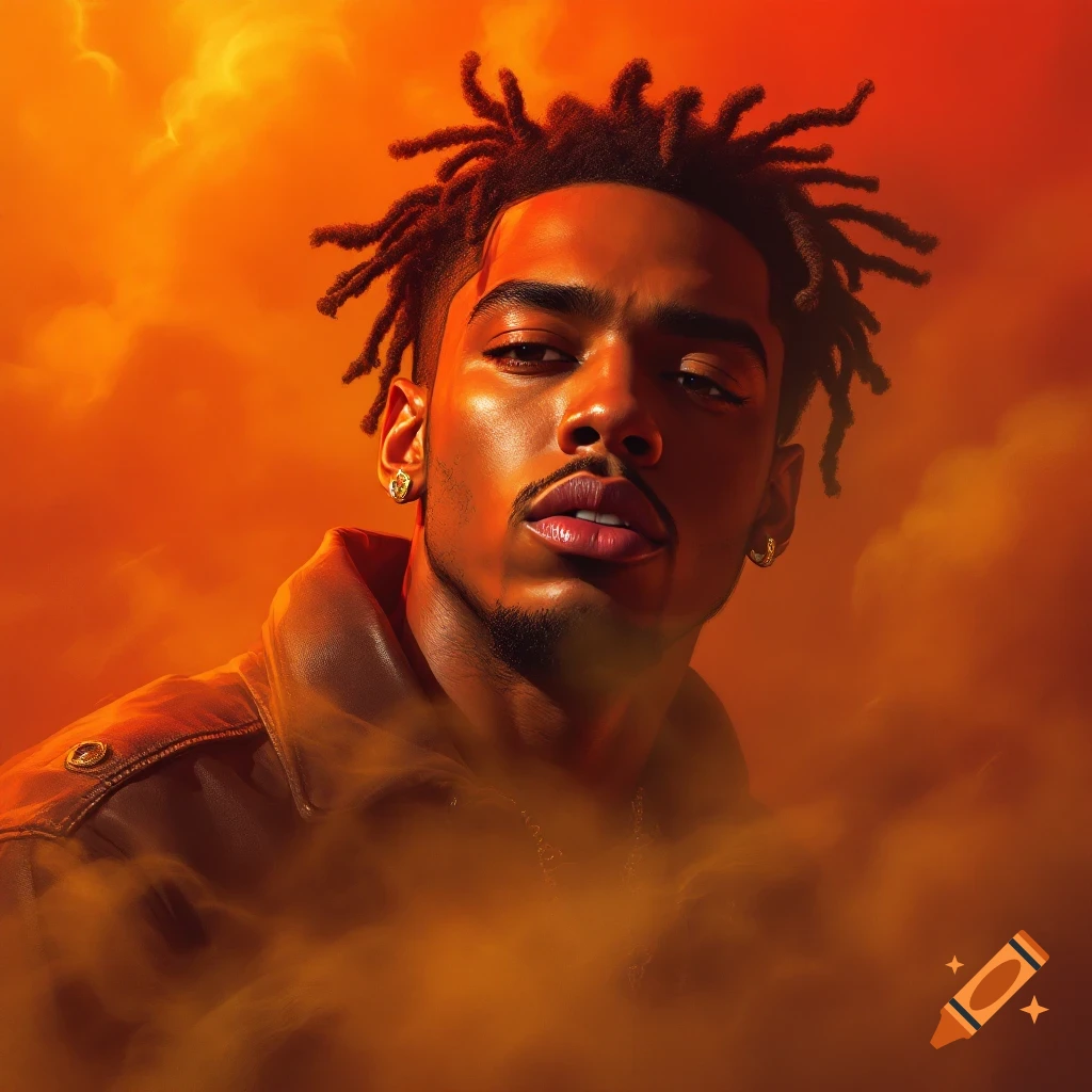 A man with dreadlocks and a leather jacket against an orange smoky background.