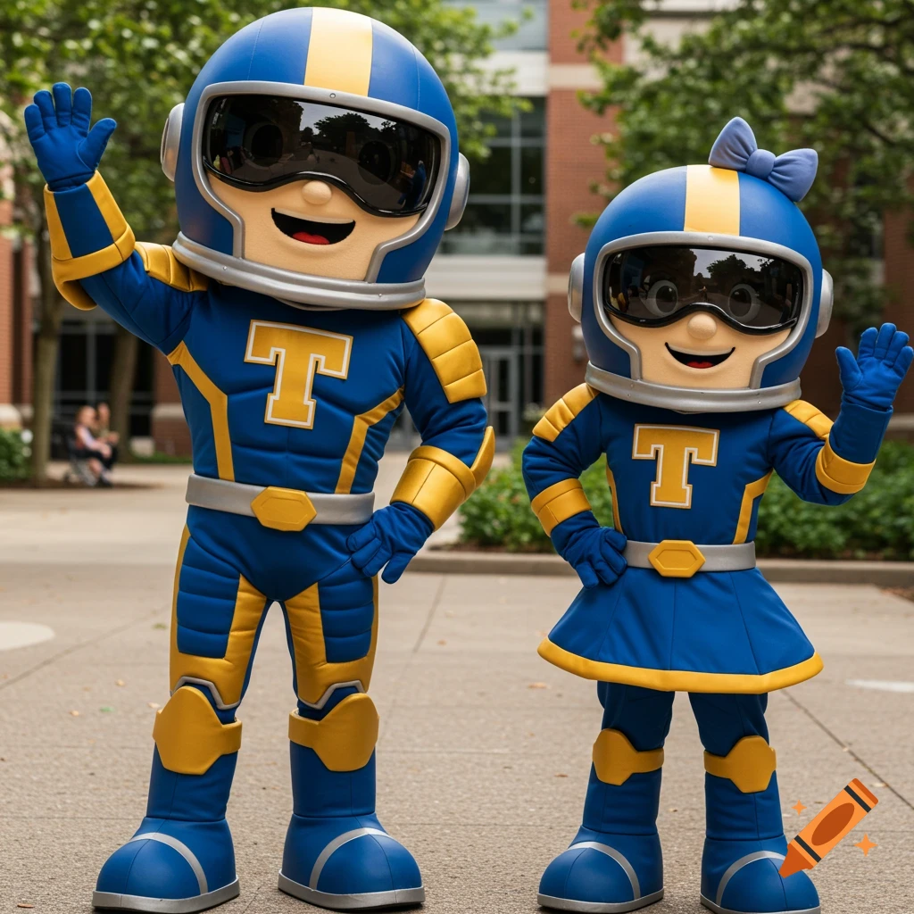 Two blue and gold university mascots in space helmets with 'T' logos on their chests waving.