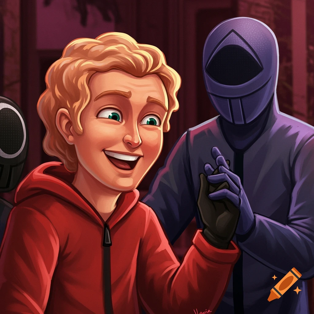Stylized depiction of a cheerful young man in a red hoodie shaking hands with a figure in a purple Squid Game mask.