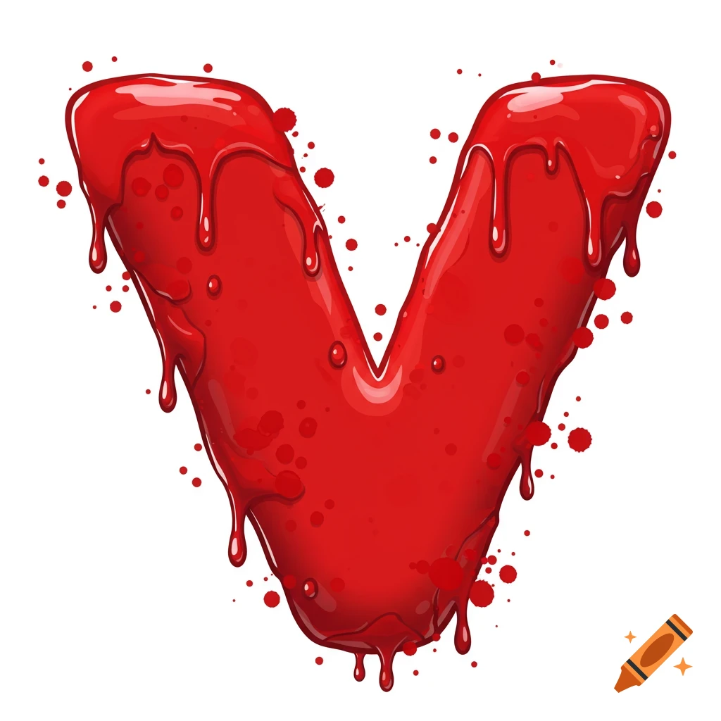 Red letter V stylized as dripping blood or syrup with splatters