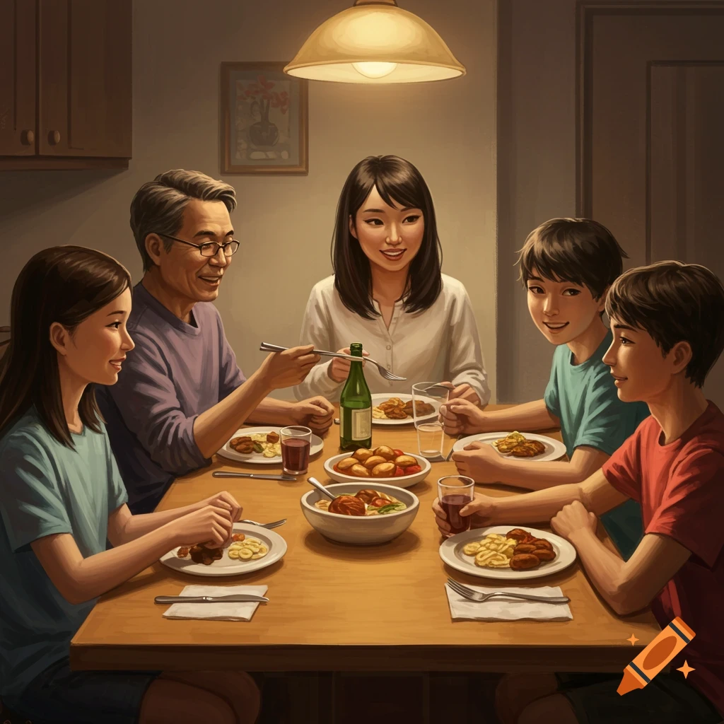 A family eats dinner around a table under a warm light.