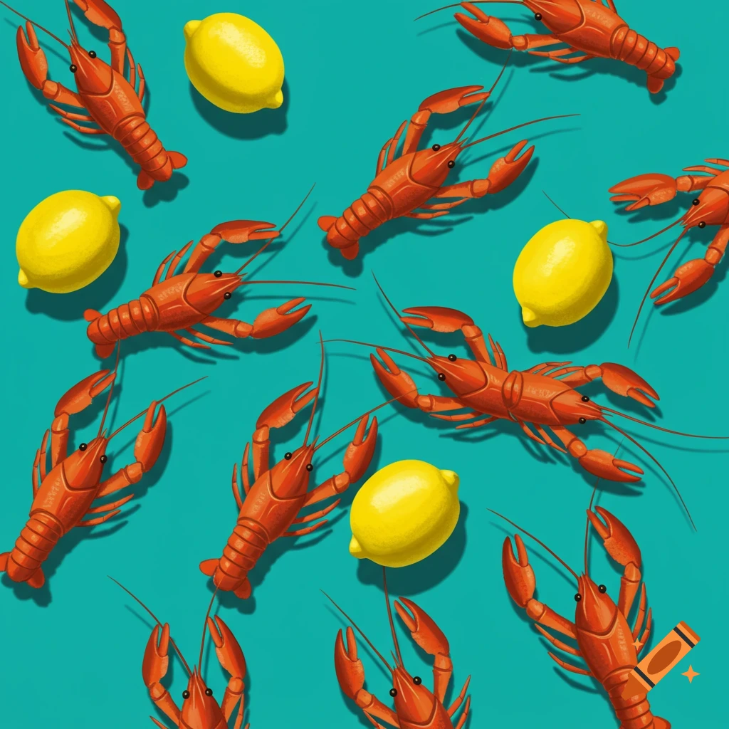A repeating pattern of red crawfish and yellow lemons on a teal background.