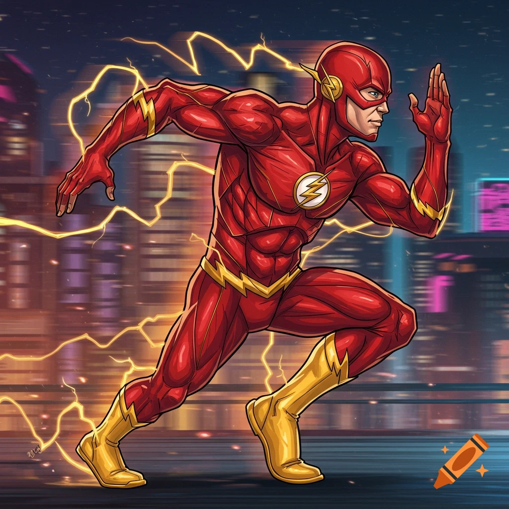 The Flash running at super speed through a city street at night, surrounded by lightning.