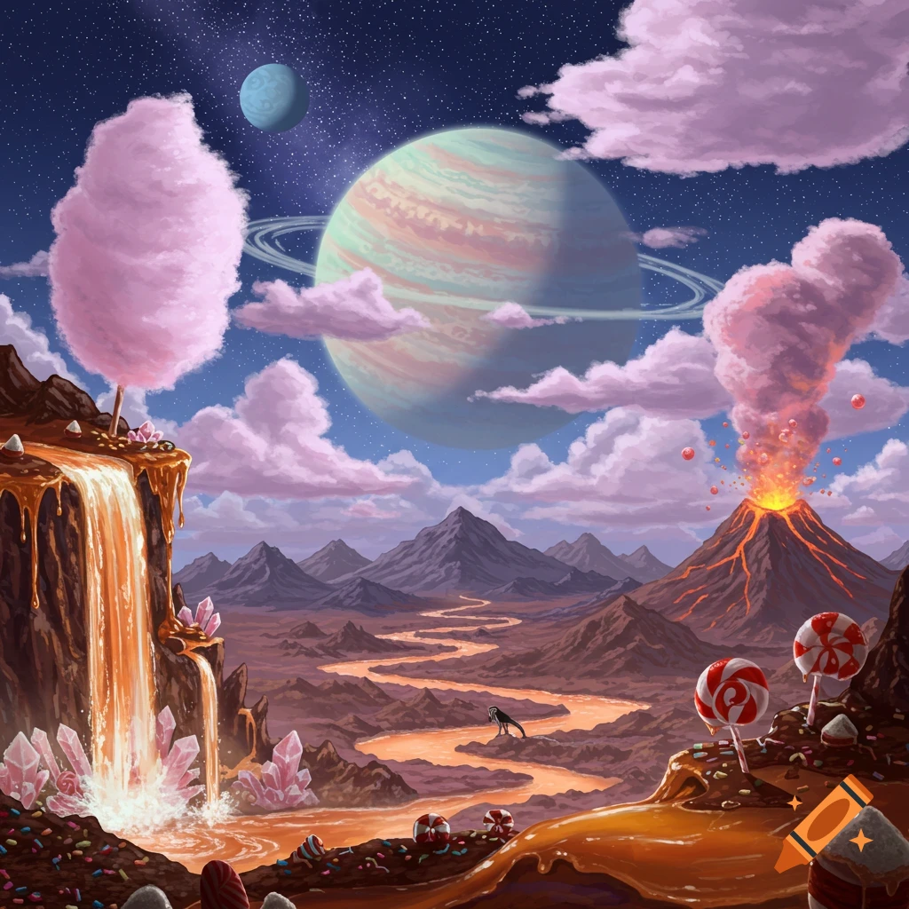 Candy fantasy landscape with syrup waterfall, molasses river, lollipop trees, and volcano under ringed planet and starry sky.