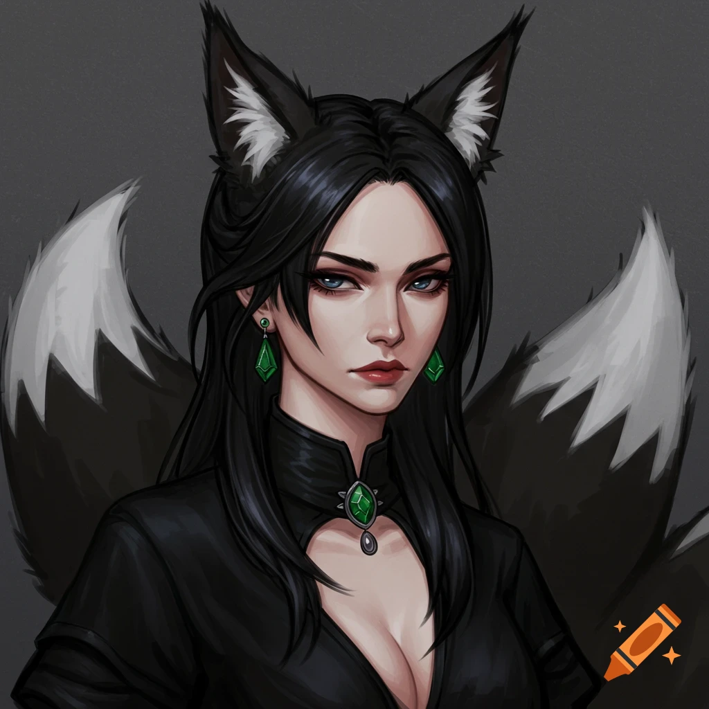 Portrait of a fantasy character, a woman with black fox ears and tails, black hair, wearing emerald jewelry and a black dress.