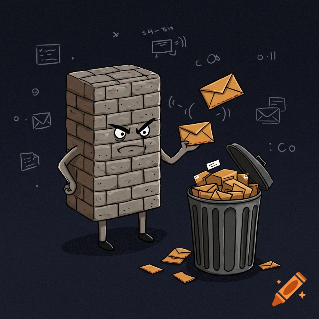 Cartoon illustration of a brick wall firewall throwing mail packets into a trash can.